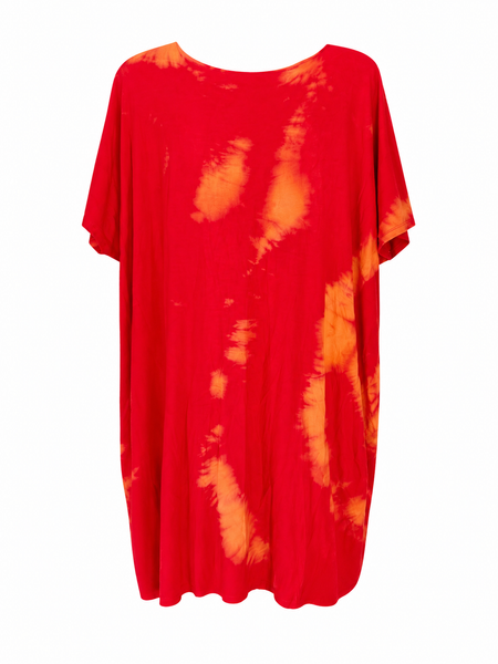 Red and orange tie-dye dress on a white background